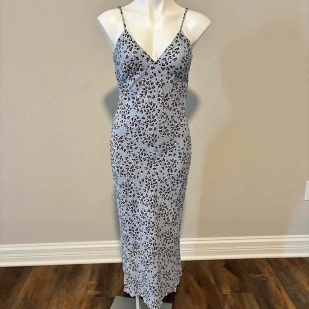 Lost + Wander Light‎ Blue Leopard Print Wild Thing Bias Midi Dress Size Large